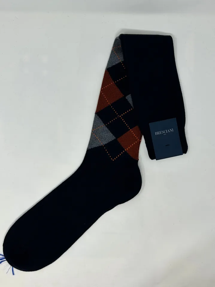 BRESCIANI CALZE LANA FANTASIA ROMBI BLU/ARANCIO/GRIGIO