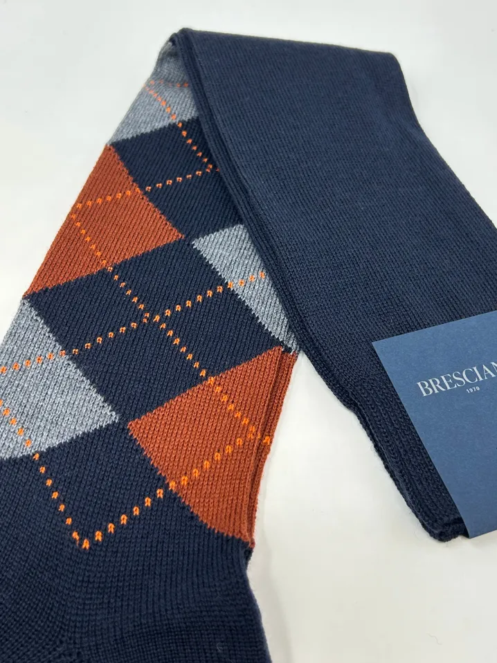 BRESCIANI CALZE LANA FANTASIA ROMBI BLU/ARANCIO/GRIGIO