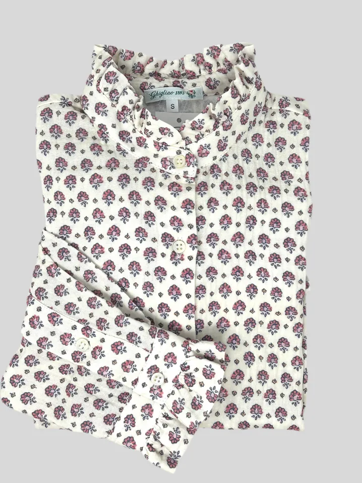 CAMICIA ALEX (OVERSIZE) COREANA CON ROUCHES FIORE ROSA IN GARZA DI COT