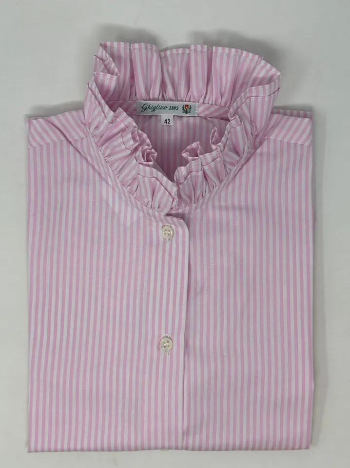 CAMICIA CARLOTTA COLLO DOPPIA MAXI ROUCHES RIGA BIANCA/ROSA