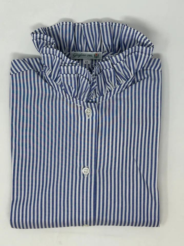 CAMICIA CARLOTTA COLLO DOPPIA MAXI ROUCHES RIGA BIANCA/BLU