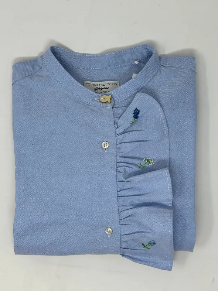 CAMICIA PAOLINA COREANA CON VOLANTS RICAMATO A MANO OXFORD CELESTE