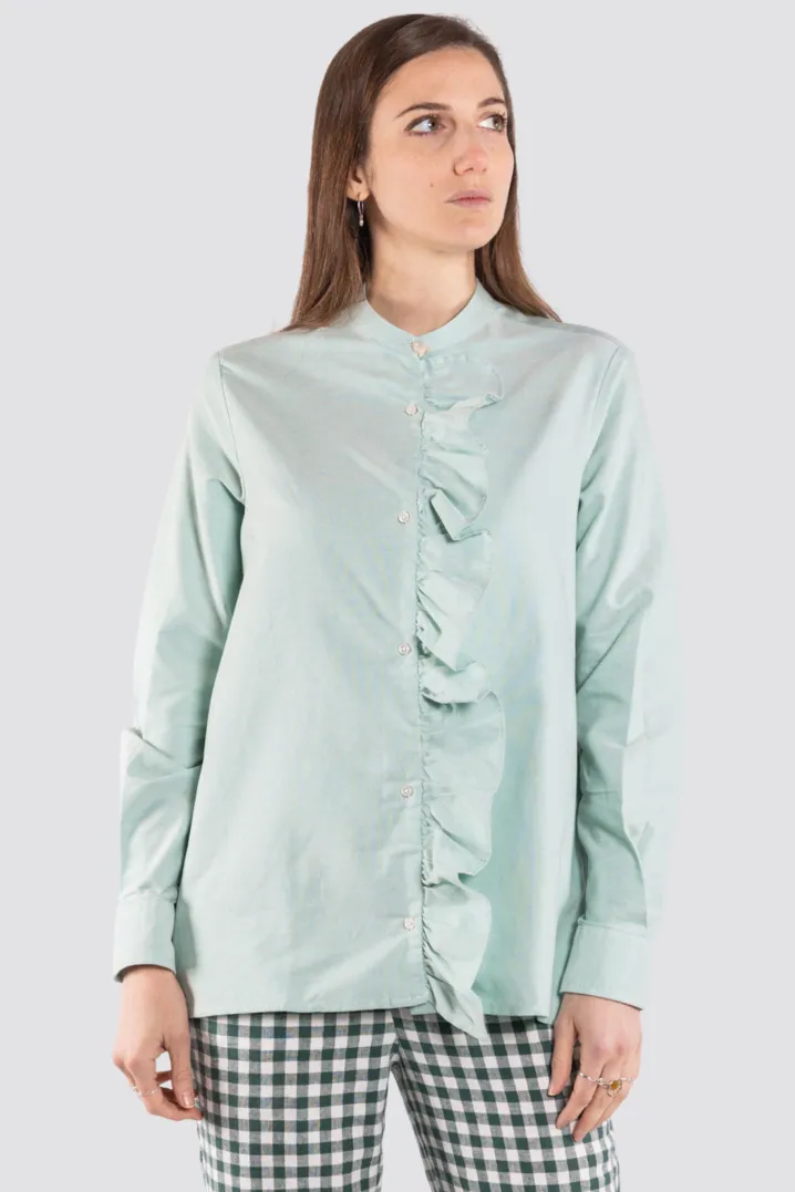 CAMICIA PAOLINA COREANA CON VOLANTS RICAMATO A MANO OXFORD VERDE
