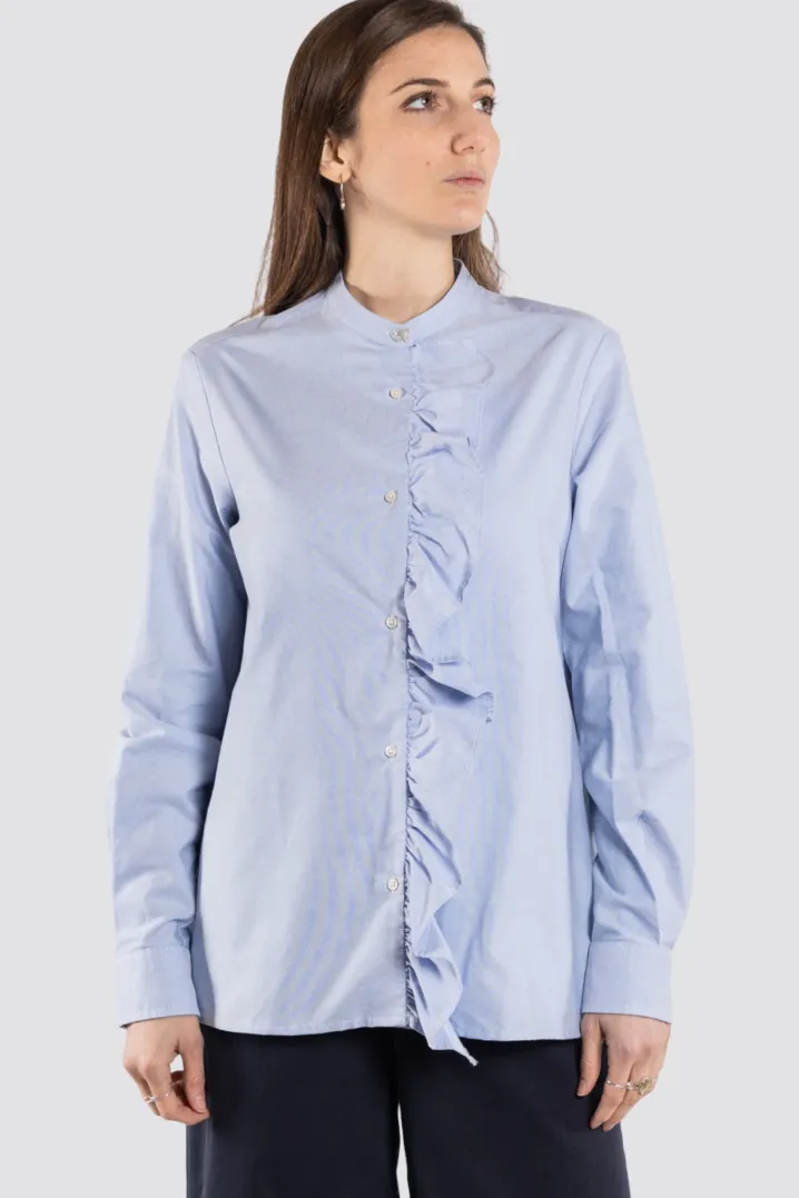 CAMICIA PAOLINA COREANA CON VOLANTS RICAMATO A MANO OXFORD CELESTE