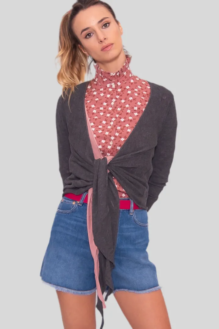 CARDIGAN INCROCIATO BICOLOR GRIGIO ROSA