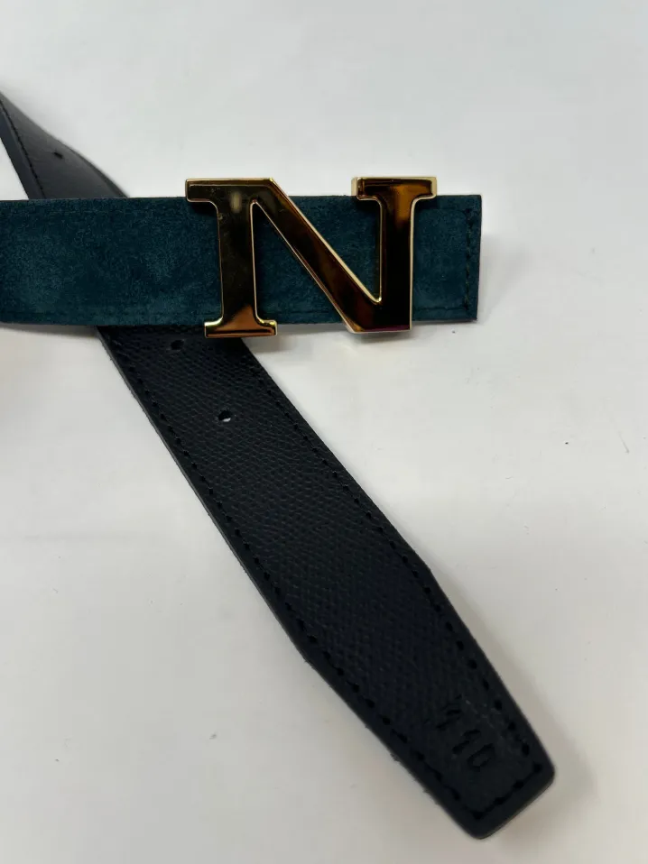 CINTURA ALPHABET STYLE REVERSIBILE PELLE NERA/CAMOSCIO PETROLIO
