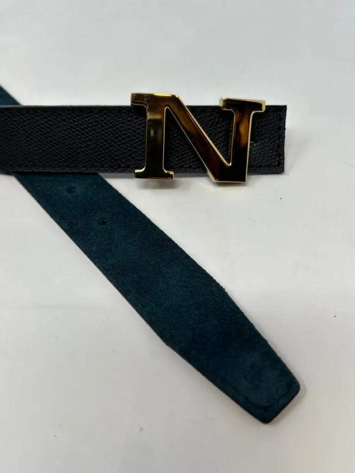 CINTURA ALPHABET STYLE REVERSIBILE PELLE NERA/CAMOSCIO PETROLIO