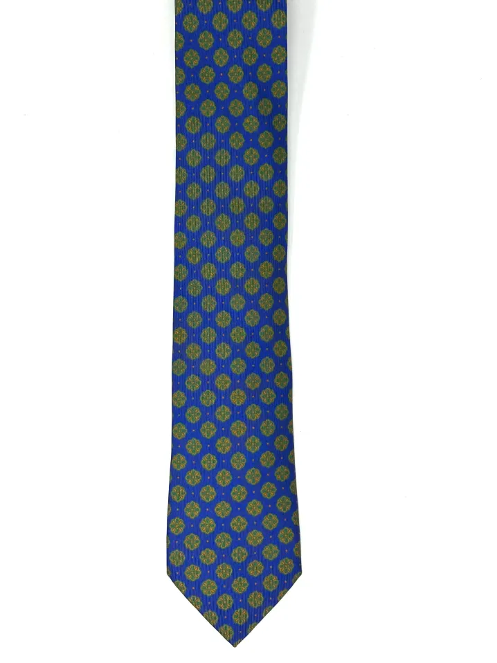 CRAVATTA BLU CHIARO DISEGNO PIASTRELLA VERDE E OCRA