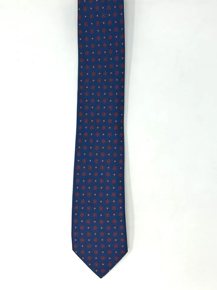 CRAVATTA BLU CHIARO SETA FOULARD DISEGNO FLOREALE ROSSO