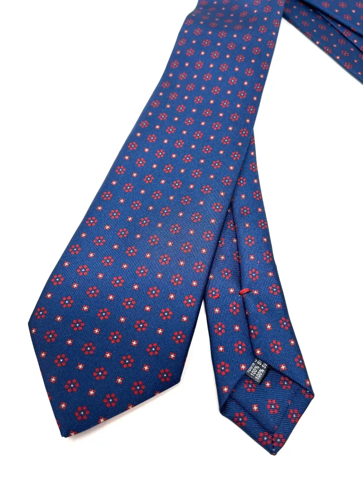 CRAVATTA BLU CHIARO SETA FOULARD DISEGNO FLOREALE ROSSO