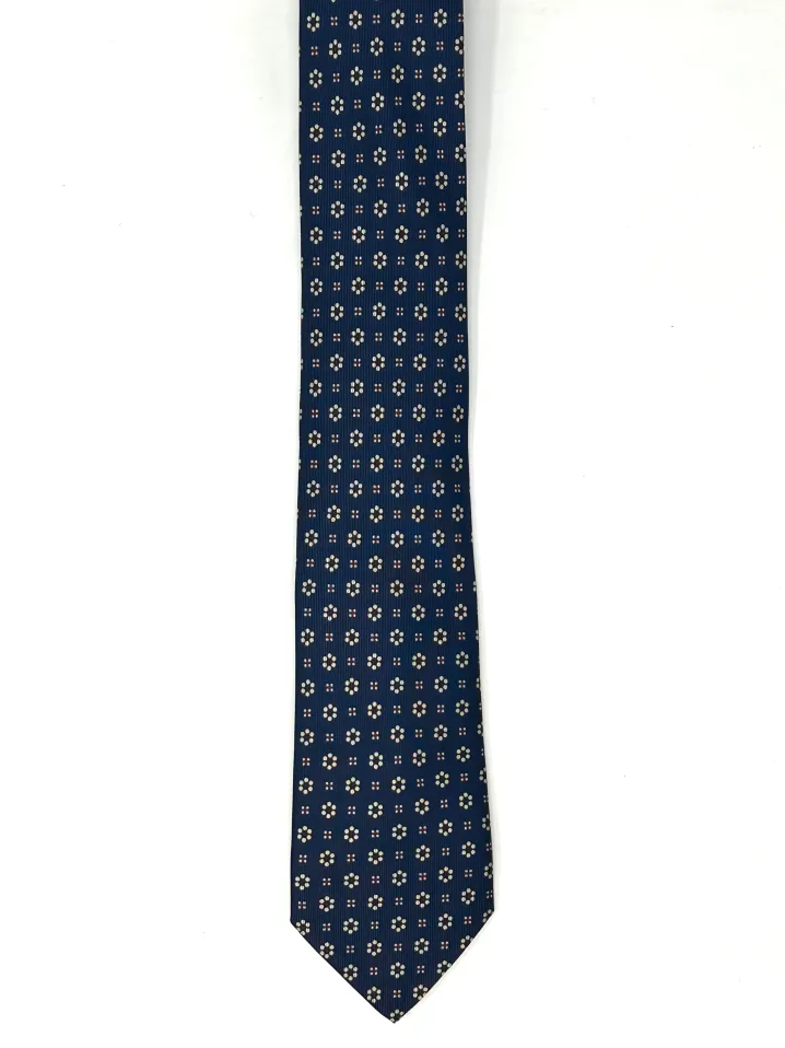 CRAVATTA BLU SETA FOULARD DISEGNO FLOREALE BIANCO