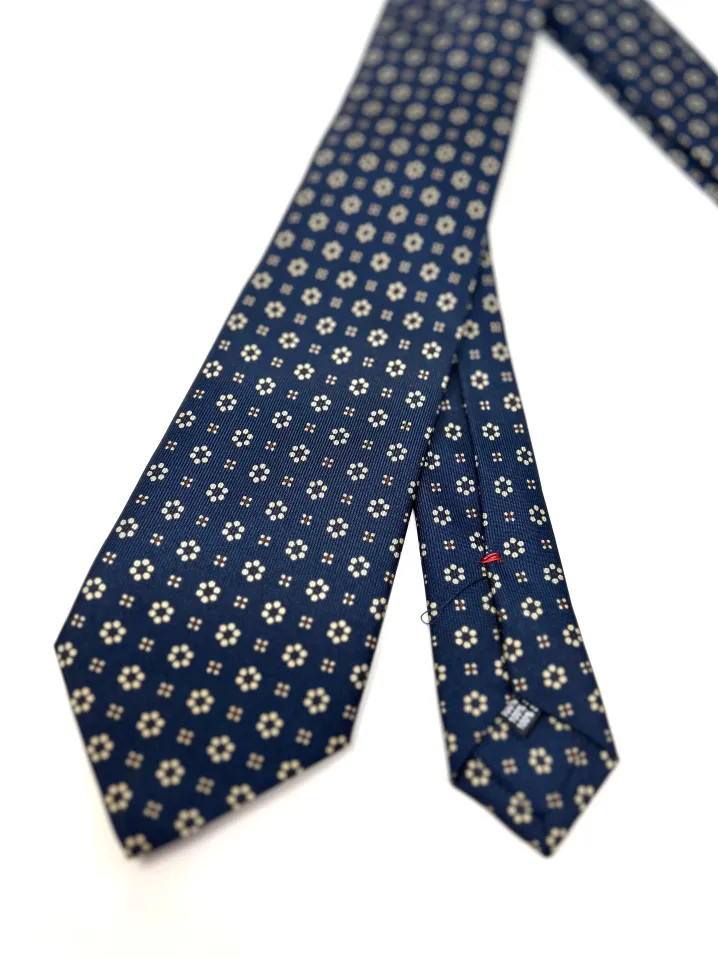 CRAVATTA BLU SETA FOULARD DISEGNO FLOREALE BIANCO