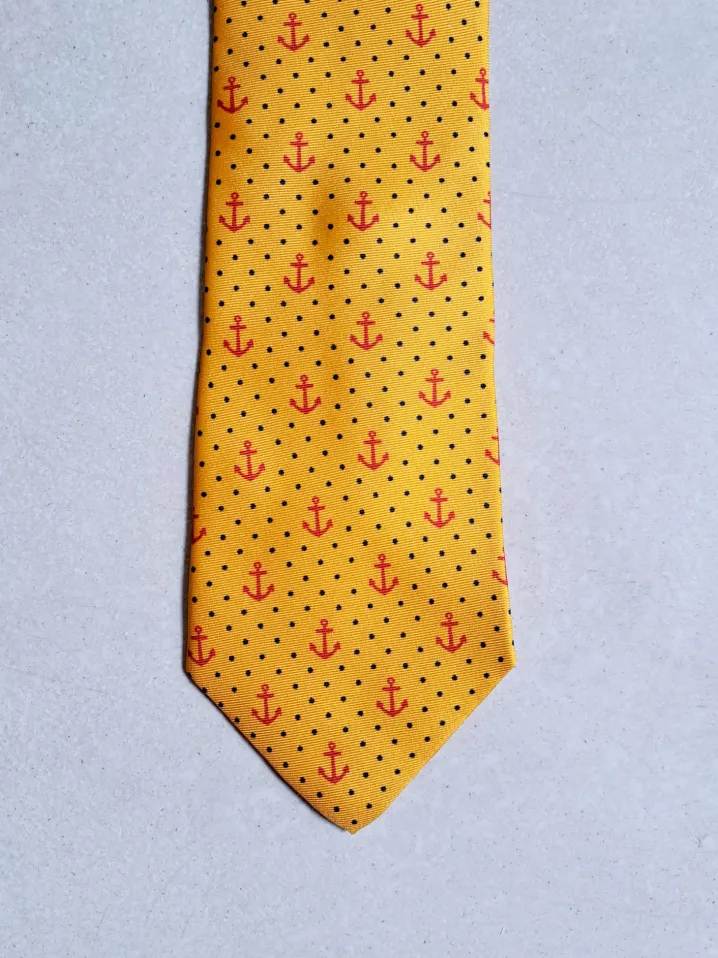 CRAVATTA SETA FOULARD GIALLA ANCORE E POIS