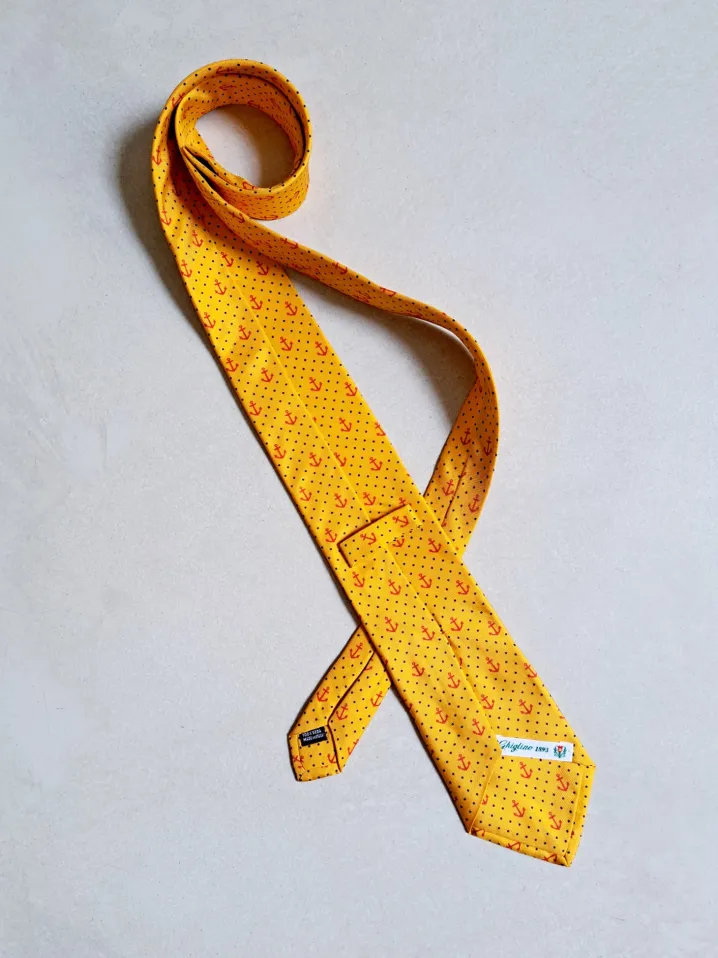 CRAVATTA SETA FOULARD GIALLA ANCORE E POIS