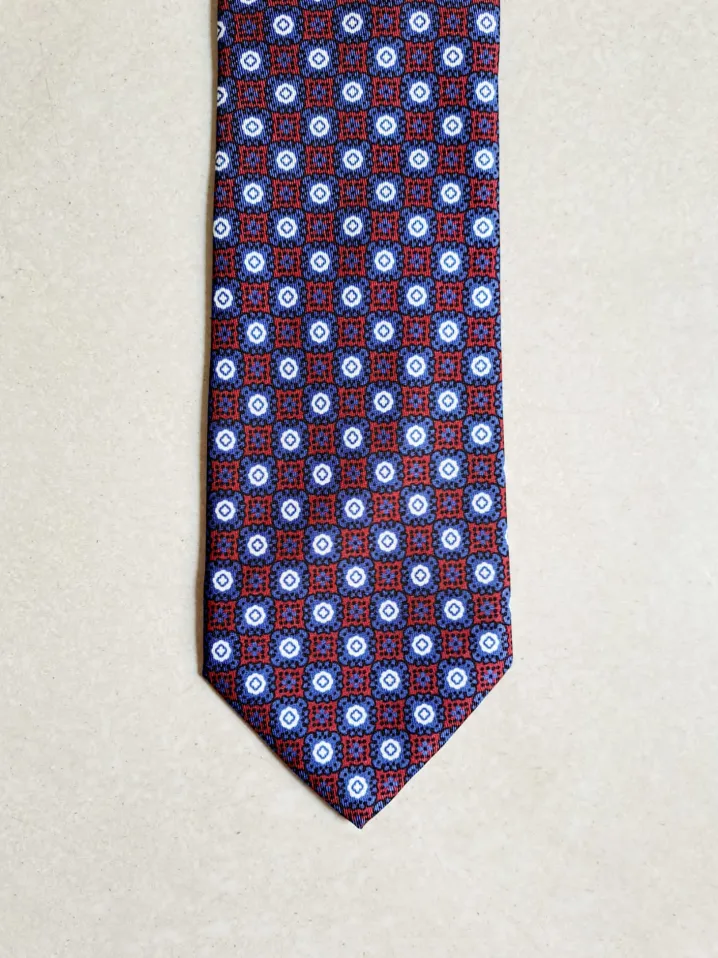 CRAVATTA SETA FOULARD MOTIVO GEOMETRICO BLU BORDEAUX