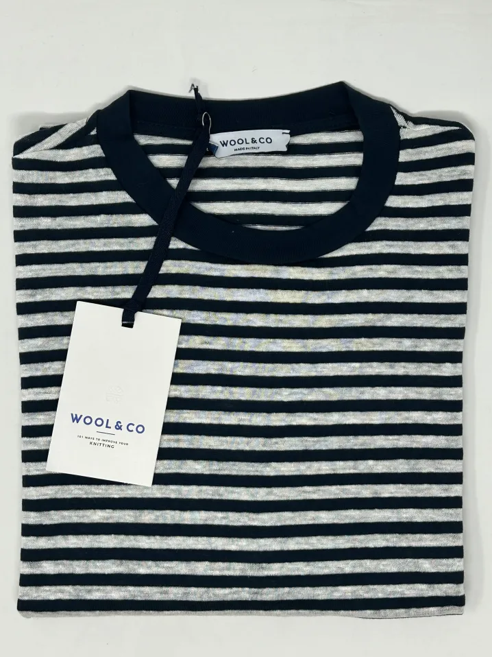 WOOL & CO T-SHIRT GIROCOLLO RIGA BLU/BIANCA